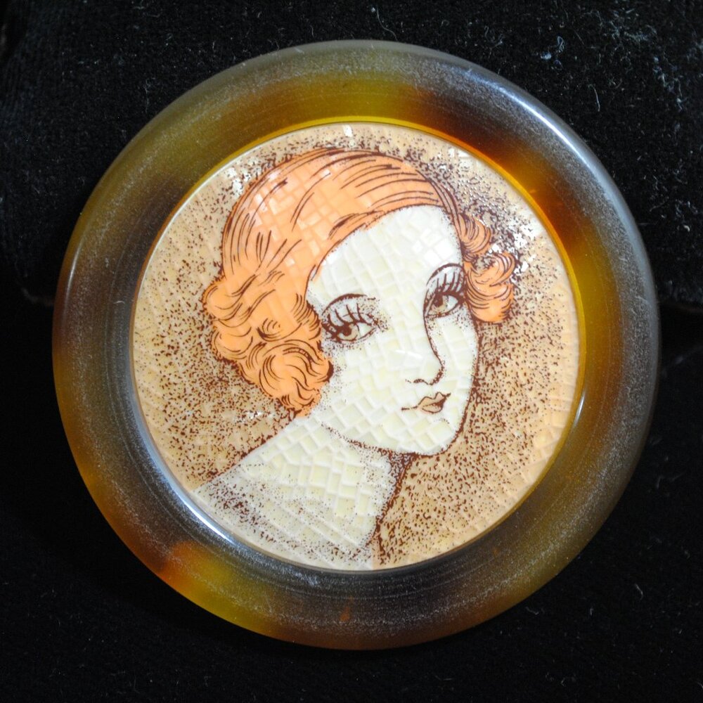 Vintage Early Lea Stein Serigraph Brooch Art Deco Flapper Lady French Designer